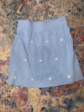Daisy Embroidered Light Blue Knit Mini Skirt